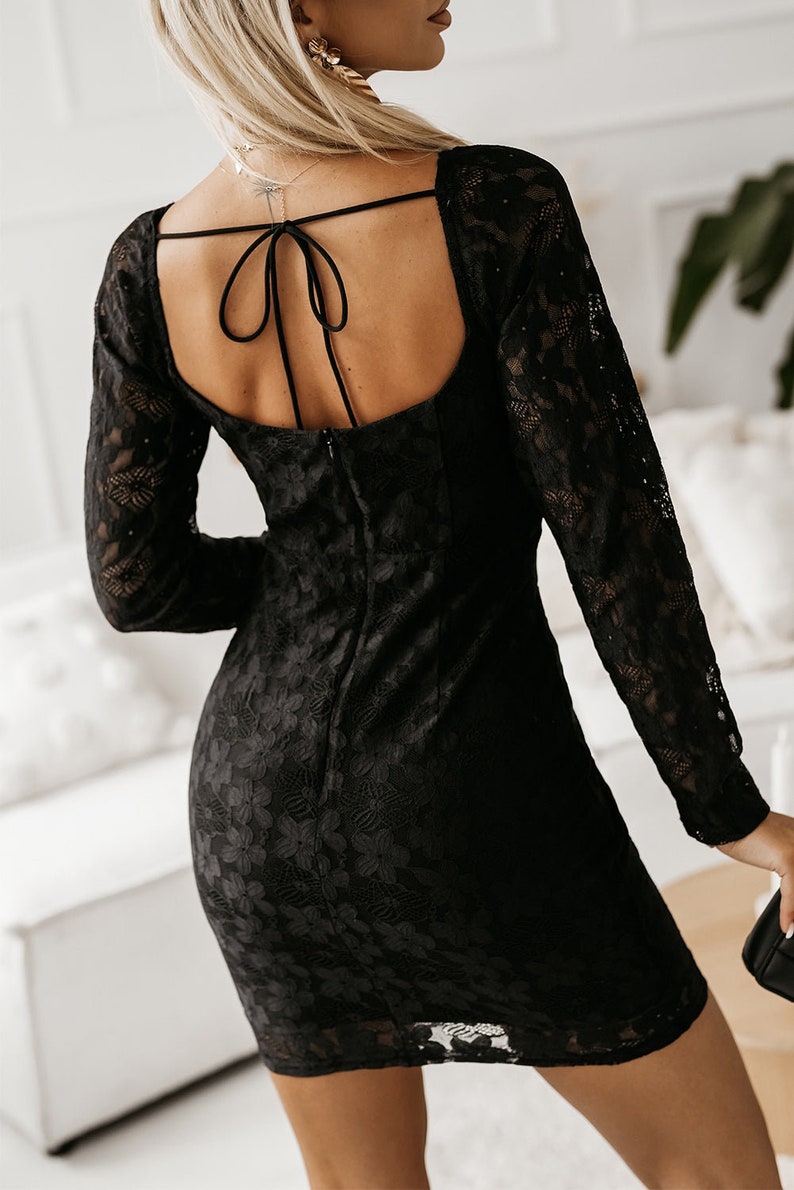 Black Square Neck Long Sleeve Lace Bodycon Mini Dress - Etsy