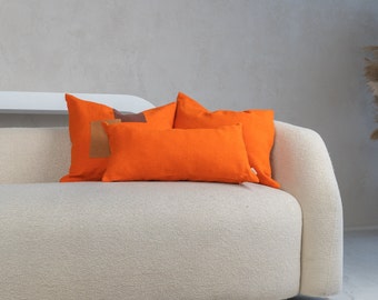 Linnen kussenhoes | Oranje kussensloop | Abstract Interieur | Boho-ontwerp | Decor Kussensloop | Moderne huisstijl | Rustiek | Duurzaam kussen