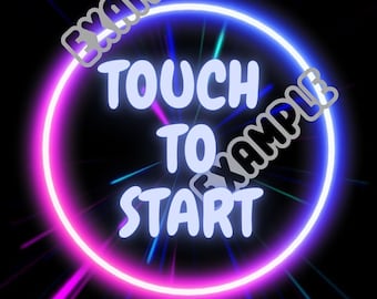 May include: A neon pink and blue circle with the text "TOUCH TO START" in white. The background is black with streaks of pink and blue light. The text "EXAMPLE" is written in gray at the top of the circle. The text "ANIMATIONPHOTOBOOTH BY CRAZY PHOTOBOOTH" is written in white at the bottom of the image.