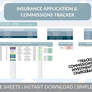 Insurance Agent Application Tracker Commission Tracker Google Sheets Spreadsheet Track Commissions Track Expenses for Insurance Agents