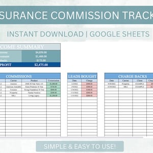 Sales Tracker for Insurance Agents Track Commission and Expenses Track Chargebacks and Lead Investment Spreadsheet Google Sheets