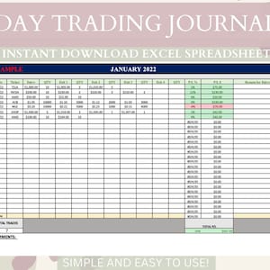 Trade Journal Trade Tracker Feuille de calcul d&#39;investissement Excel pour les day traders