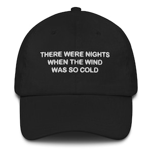 Puede incluir: Gorra de béisbol negra con texto bordado en blanco que dice "There were nights when the wind was so cold."