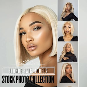 May include: A collection of stock photos featuring four blonde hair models with different hairstyles. The models are wearing black tops and have a neutral expression. The photos are set against a white background.  "Blonde Hair Models Stock Photo Collection"