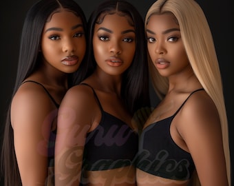 Hair Stock Photo | Beauty Image | Group AI Virgin Hair Brand Photoshoot | AI | Immediate Download | Black Women Virgin Hair Extensions