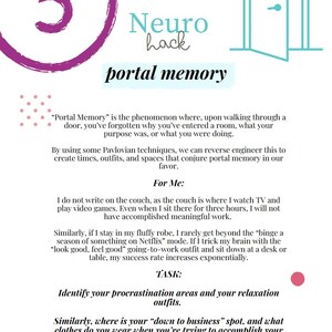 May include: A pink and white graphic with the number 5 in a circle, the words "Neuro hack" and "portal memory" in blue text. The graphic also includes a blue door and text about "Portal Memory" and how to use it to your advantage.