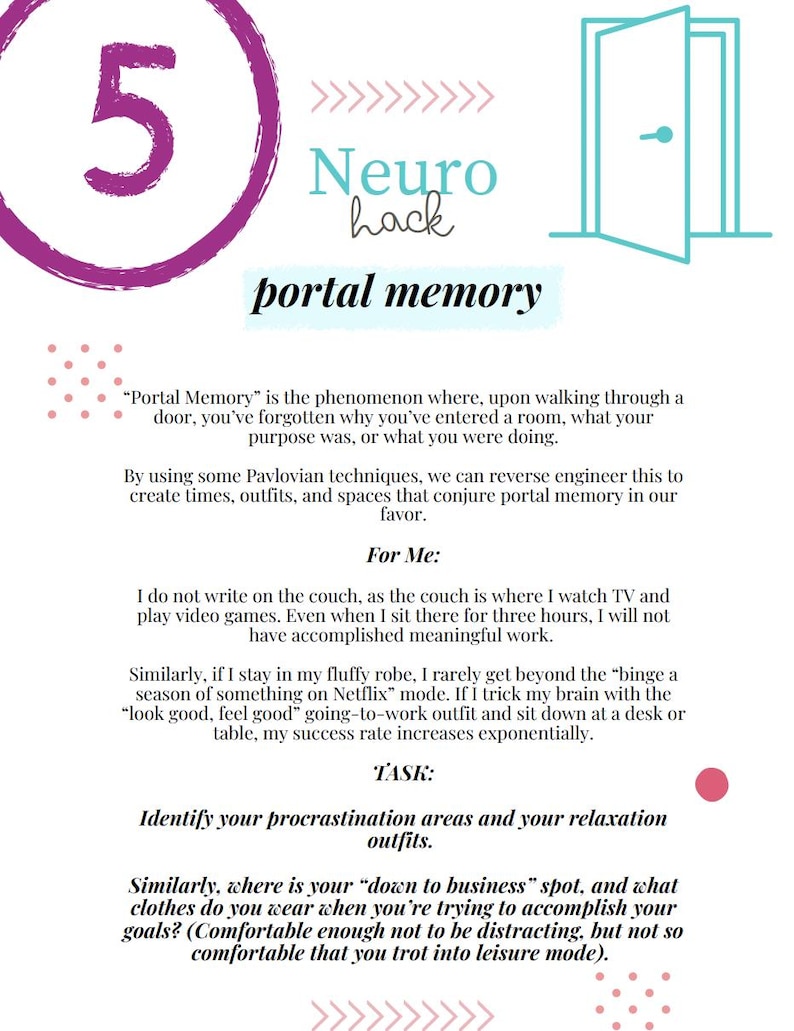 May include: A pink and white graphic with the number 5 in a circle, the words "Neuro hack" and "portal memory" in blue text. The graphic also includes a blue door and text about "Portal Memory" and how to use it to your advantage.