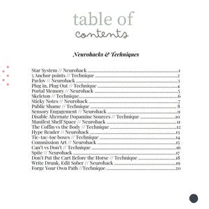 May include: A black and white table of contents page with the title "Neurohacks & Techniques". The page lists various neurohacks and techniques with their corresponding page numbers.