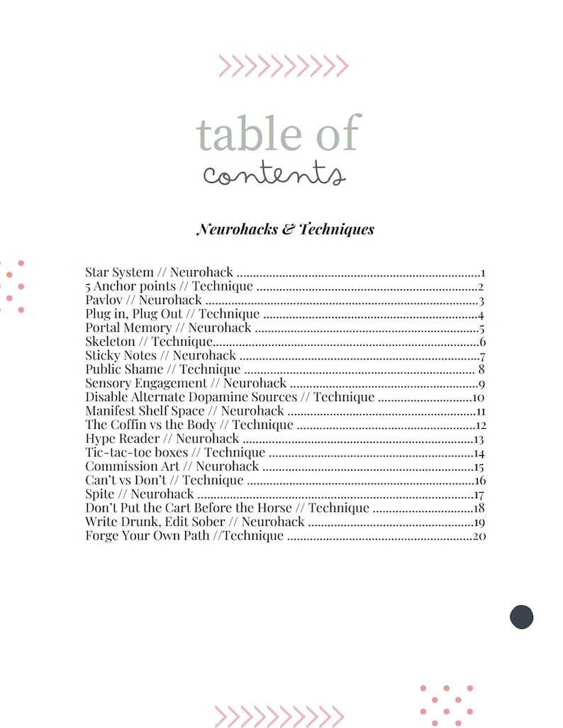 May include: A black and white table of contents page with the title "Neurohacks & Techniques". The page lists various neurohacks and techniques with their corresponding page numbers.