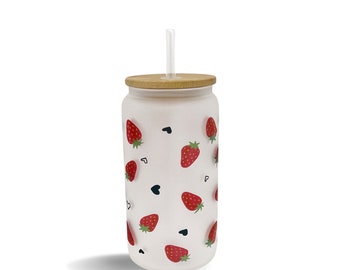 Strawberry Frosted Glass Can - 16oz or 20oz - Bamboo lid with clear plastic straw.