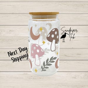 Cute mushroom Glass Can - 16oz  - Bamboo lid with clear plastic straw.