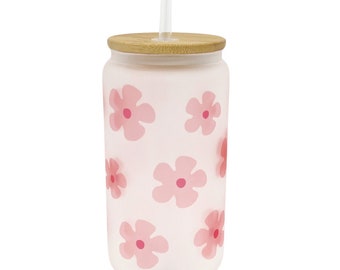 Pink Flower Frosted Glass Can - 16oz or 20oz - Bamboo lid with clear plastic straw.