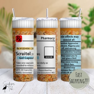 Scruitol 20oz Skinny Tumbler – Funny Prescription Bottle-Inspired Parody Design, Double-Walled Insulated Stainless Steel Gift with Straw