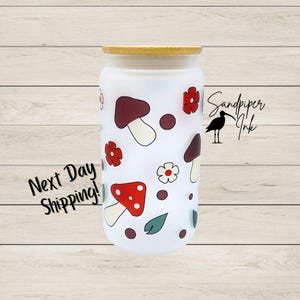 Mushroom Frosted Glass Can - 16oz or 20oz - Bamboo lid with clear plastic straw. Perfect Gift. Iced Tea Gift.