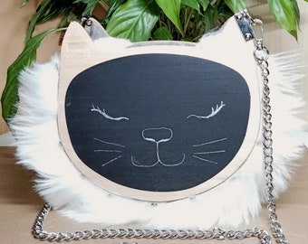 sac bandoulière tête de chat, pièce unique, fabrication artisanale,sac original