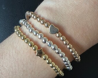 Stacking Bracelet, Gold Bead Bracelet, Silver Solid Bracelet, Heart stacking bracelet, Heart bracelet, Star Bracelet, Women bracelet