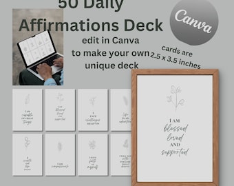 Daily Affirmations - 50 Card Deck - Self Love Cards - Printable - Customizable Canva Cards