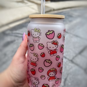 Kitty Glass Can | Strawberry Glass Cup l Frosted Cup| Coffee Cup |Sublimation| Pink Pretty Cup | Frosted Cup