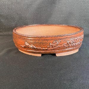 Peut inclure: Un pot à bonsaï en céramique brun rougeâtre avec une surface texturée et un motif décoratif en relief sur le bord. Le pot de forme ovale a un profil bas et de petits pieds pour la stabilité. Le pot est conçu pour planter de petits arbres.