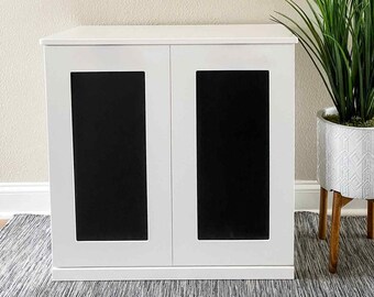 Double Style Dog Food Storage Cabinet, Container, Dry Pet Food Storage, Soft White + Chalkboard Panel, Hinge Lift Top, Food Safe, Mudroom