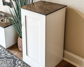 Dog Food Storage Cabinet, Container, Dry Pet Food Storage, Soft White with Dark Brown Top and Flat Panel, Hinge Lift Top, Food Safe, Mudroom