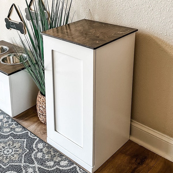 Dog Food Storage Cabinet, Container, Dry Pet Food Storage, Soft White with Dark Brown Top and Flat Panel, Hinge Lift Top, Food Safe, Mudroom