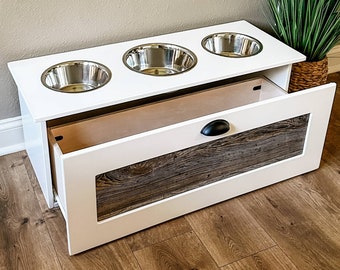 10 inch, 3 bowl - Elevated Pet Feeder, Dog Feeder, Raised Feeder, White with Cedar Panel, Storage Drawer, Toy Box, Food Storage, Mudroom