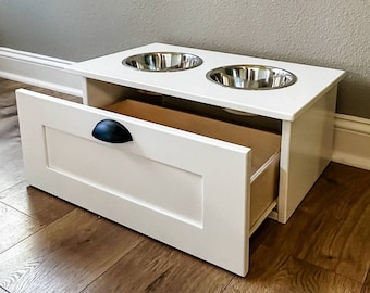 Raised Dog Feeder with Storage Drawer, Farmhouse Style White Pet Bowl Stand