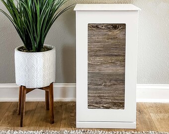 Dog Food Storage Cabinet, Container, Dry Pet Food Storage, Soft White with Cedar Look Panel, Hinge Lift Top, Food Safe, Mudroom, Minimalist