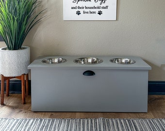 14 inch, 3 bowl - Elevated Pet Feeder, Raised Feeder, Dog Bowl, Dog Feeder, Storage Drawer, Pet Parent, Minimalist in Gray