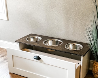 Elevated 3-Bowl Pet Feeder | Raised Feeder | Storage Drawer | White | Stain Top - 10 inches