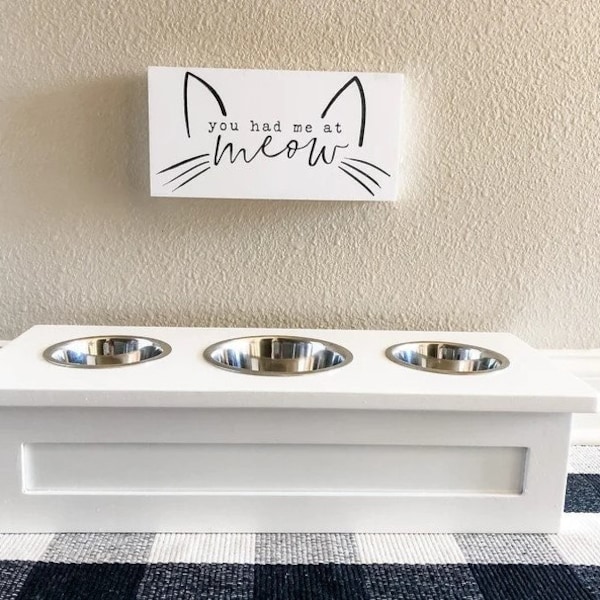 4-6" Elevated Pet Feeder, 3 Bowl, Small Dog Feeder, Cat, Raised Feeder, White + Flat Panel, Mudroom, Minimalist, Tiny Dog Feeder, Cat Feeder