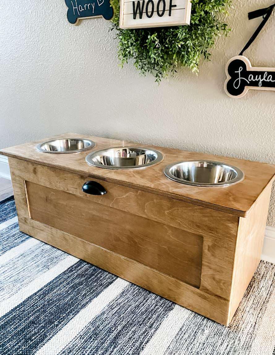 Raised Elevated 3-Bowl Dog Feeder Golden Oak Storage Drawer Pet Station Wood 10 inches tall Medium Dog