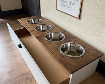 Raised Feeder - Elevated Feeder - Four-Bowl Pet Feeder with Storage Drawer -Multi Dog Family - 4 Bowl - 10 inches tall - Stained Top