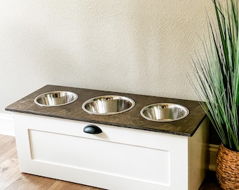 Private Custom for N.W - 14 inch, 3 bowl  upgrade fee- Elevated Pet Feeder White  + Storage Drawer, Stained Top, Food Storage
