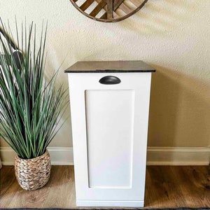 Dog Food Storage Cabinet, Container, Dry Pet Food Storage, White - Stained Top - Flat Panel, Hinge Lift Top, Farmhouse Style Door