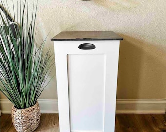 Dog Food Storage Cabinet | White with Stained Top | Holds 10 to 50 pounds | Large Capacity Pet Food Storage
