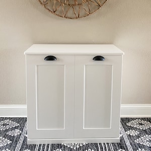 Double Style Dog Food Storage Cabinet, Container, Dry Pet Food Storage, Soft White - Hinge Lift Top, Food Safe, Farmhouse Style Door