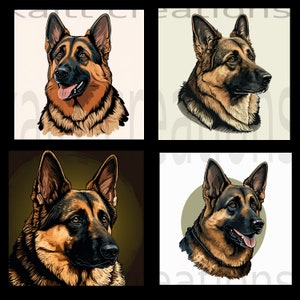 May include: Four different illustrations of a German Shepherd dog. Each illustration shows the dog's head and shoulders, with different angles and backgrounds.