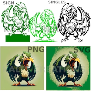 May include: A green cartoon eagle with a fierce expression, wings spread wide, and a white chest. The eagle is standing on a green background with the word "PNG" in white text above it.
