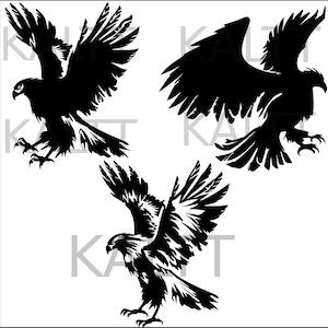 May include: Three black silhouette images of eagles in flight. The eagles are in different positions, with their wings spread wide. The images are set against a white background.