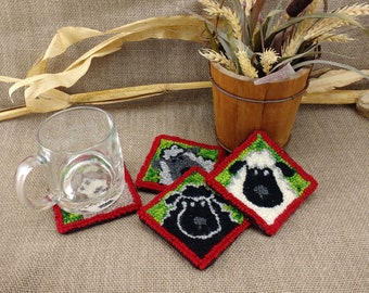 Tutorial de padrão de agulha perfurada, adequado para iniciantes, perfurador de fio estilo Oxford, download de PDF DIGITAL, porta-copos/tapete de caneca Counting Sheep, gancho de tapete