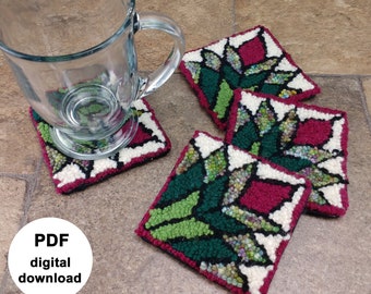 Patrón tutorial de punzonado de aguja PDF, estilo Oxford de punzonado de aguja para principiantes, enganche de alfombra, patrón de descarga DIGITAL, posavasos/alfombra de taza con tema de edredón