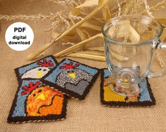 Tutorial de padrão de agulha de punção PDF, punção de agulha para iniciantes Oxford, gancho de tapete, padrão DIGITAL, download instantâneo, porta-copos de frango/tapete de caneca