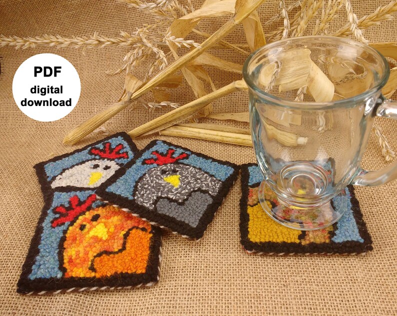 May include: Three colorful needle felted coasters featuring a chicken design. The coasters are on a burlap background with a glass mug on top of one of the coasters. The text "PDF digital download" is in a white circle on a black background.