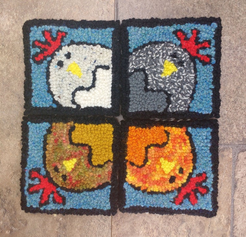 May include: Four square needlepoint panels with a blue background and a white, gray, brown, and orange rooster design. Each panel features a different color rooster with a red comb and wattle.