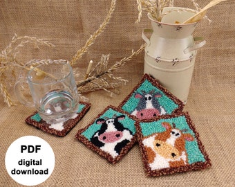 Tutorial de padrão de agulha de perfuração, amigável para iniciantes, download de PDF DIGITAL estilo Oxford, porta-copos/tapete de caneca, Cow Patty, gancho de tapete, perfurador de agulha