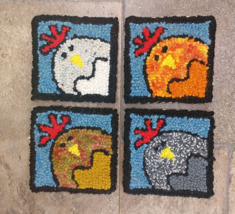 May include: Four colorful square rug patches with a rooster design. Each rug patch features a different colored rooster with a red comb and wattle. The roosters are white, orange, brown, and gray.