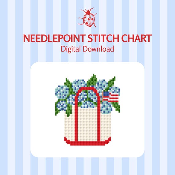 Hydrangea & American Flag Boat Tote Needlepoint/Cross Stitch Chart | PDF Instant Download