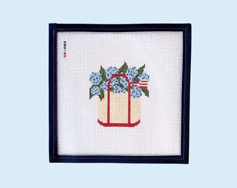 Hydrangea & American Flag Boat Tote Kit 13 Mesh Needlepoint Canvas Beginner